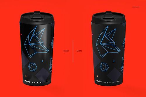 Front view of two 16 oz stainless steel tumblers with black surface, geometric blue line art, and matte and glossy finishes.