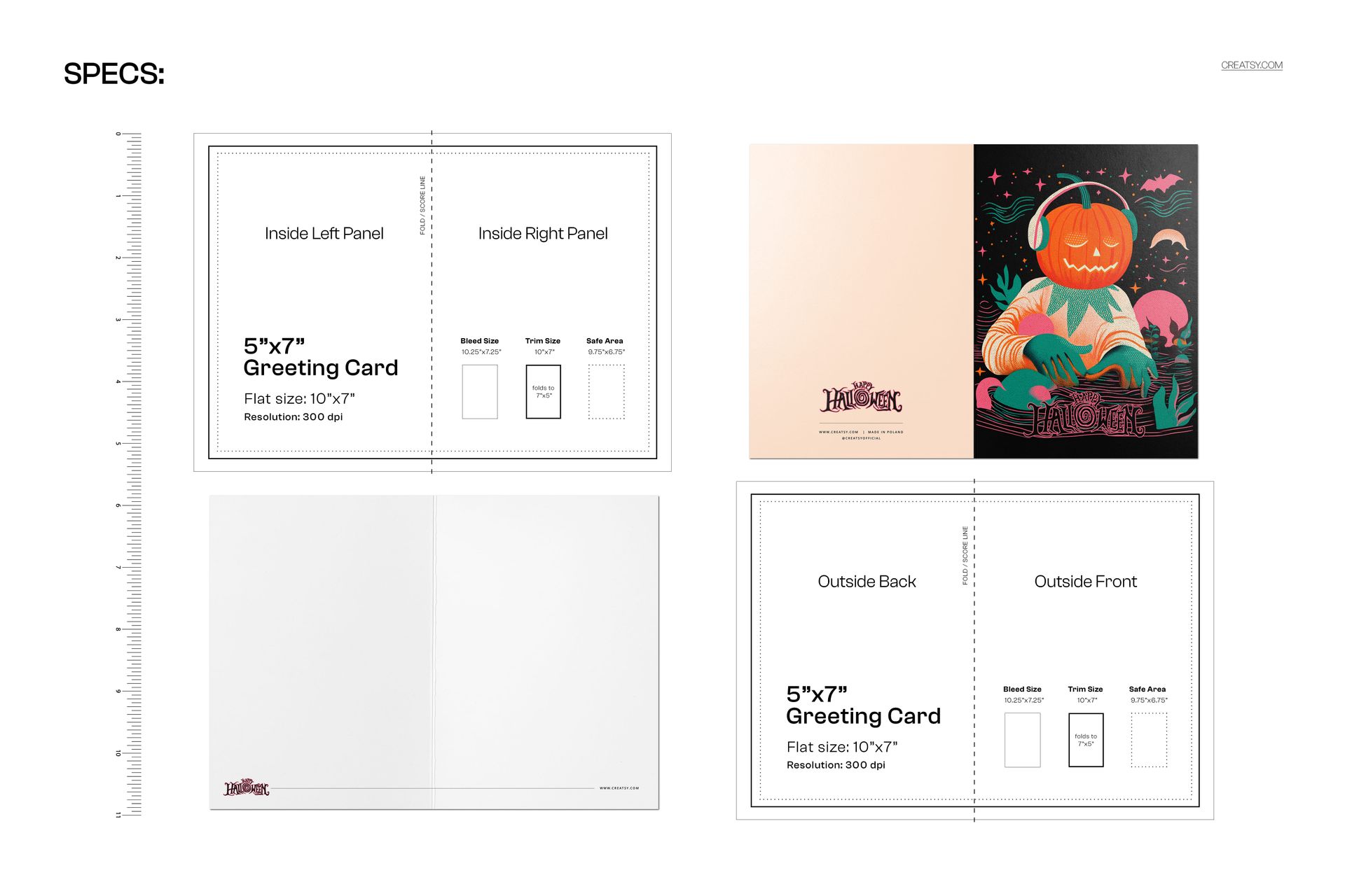 Greeting card mockup with a Halloween pumpkin DJ illustration on the front, shown in a flat 5x7 inch layout with specs.