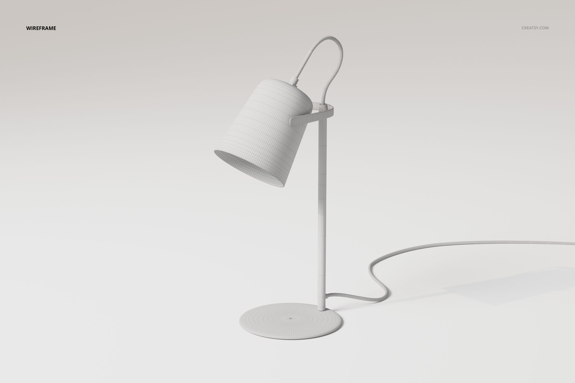 Minimalist desk lamp with cylindrical shade and curved handle, shown in white wireframe style on a plain background.