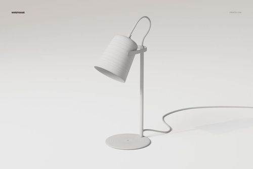 Minimalist desk lamp with cylindrical shade and curved handle, shown in white wireframe style on a plain background.