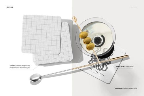 Square coasters mockup featuring two coasters, one with a grid pattern and one with a decorative design, shown from a top view.