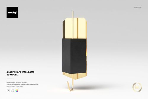 Front view of a modern wall lamp with a sharp geometric shape, featuring gold and matte black finishes on a light background.
