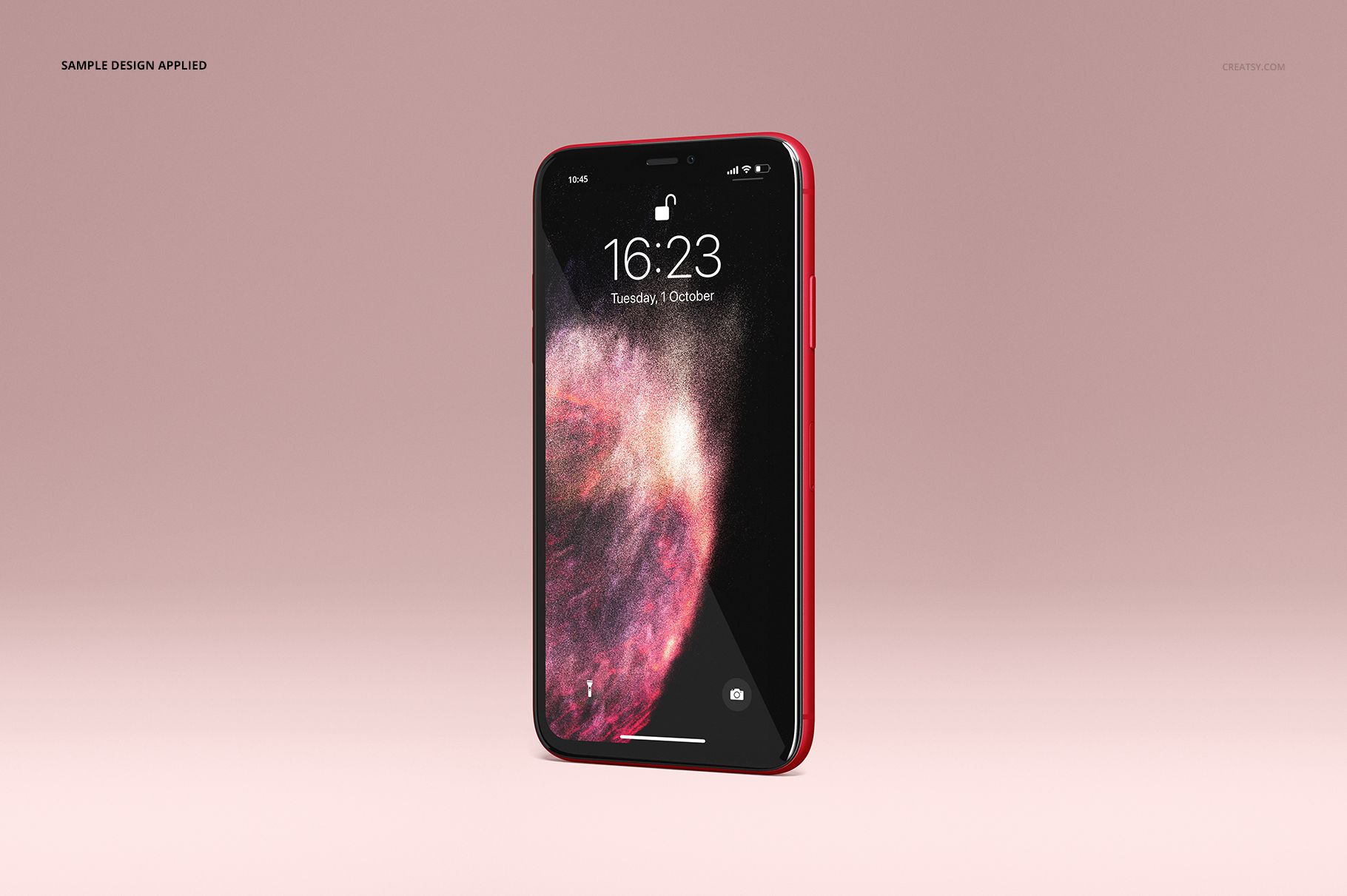 Single red iPhone 11 mockup shown vertically, featuring a dark abstract wallpaper and minimalistic pink setting.