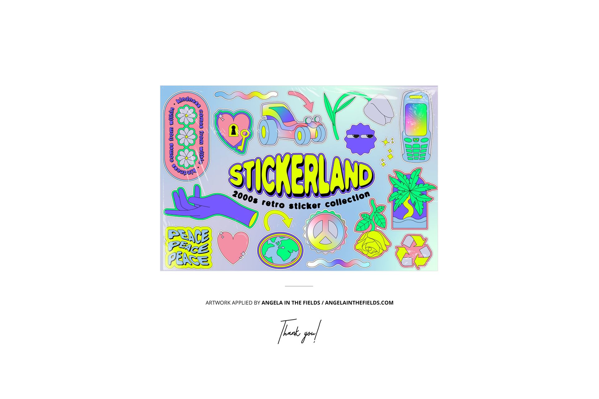 Colorful round sticker tape mockup held between two hands on a soft studio background, featuring playful designs.