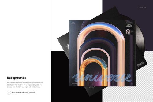 Front view of a vinyl record album cover mockup with colorful abstract arches, black record partially visible.