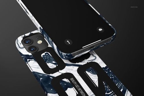 Glossy snap case mockup for iPhone 12 featuring a marble pattern in blue and white, shown from a close-up angle.