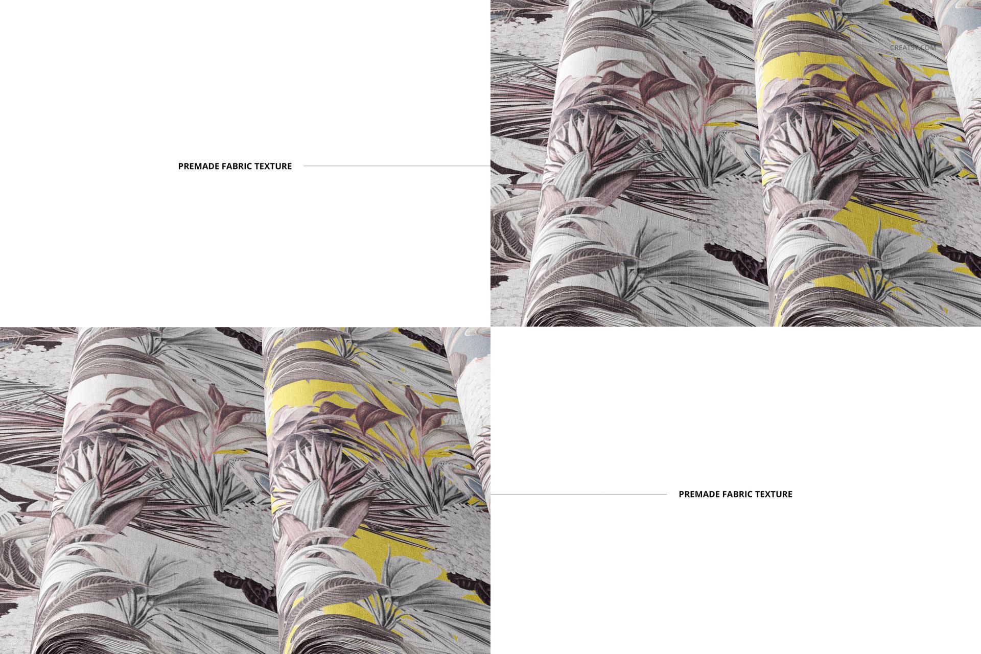 Fabric bolts mockup showing detailed plant motifs in beige, brown, and yellow, displayed on a clean white surface.