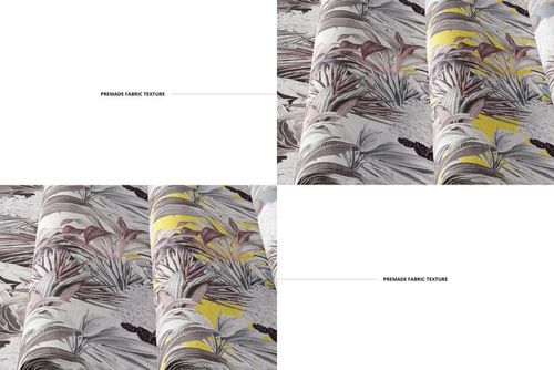 Fabric bolts mockup showing detailed plant motifs in beige, brown, and yellow, displayed on a clean white surface.