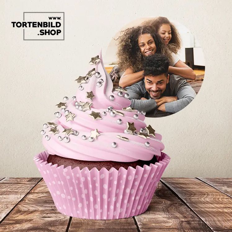 Cupcake toppers and wraps mockup featuring a cupcake with pink frosting, silver star sprinkles, and a custom photo topper on a wooden surface.