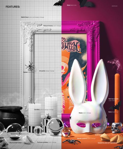 Front view of an ornate picture frame mockup in a Halloween scene, featuring candles, spider props, and a rabbit mask.