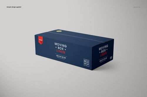 Cardboard moving box mockup in navy blue with printed text and icons, shown from an angled perspective on a plain surface.