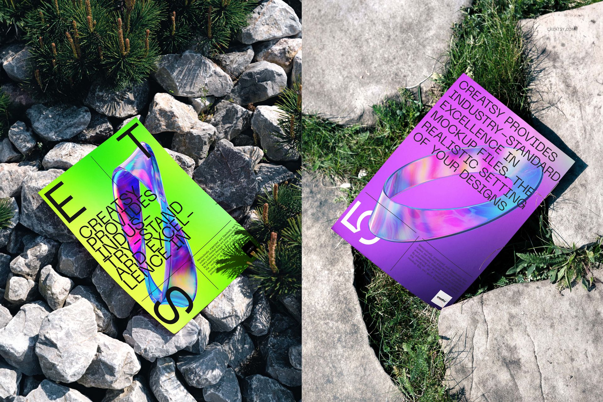 Outdoor poster PSD mockup set showing vibrant prints placed on natural surfaces like rocks and grass in sunlight.