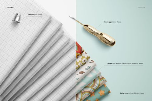 PSD mockup featuring stacked folded fabrics on a grid background, with sewing tools like a thimble and seam ripper present.