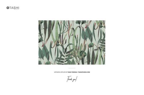 Mailing box mockup featuring green leaves and branches in a forest theme, displayed with a front-facing perspective.