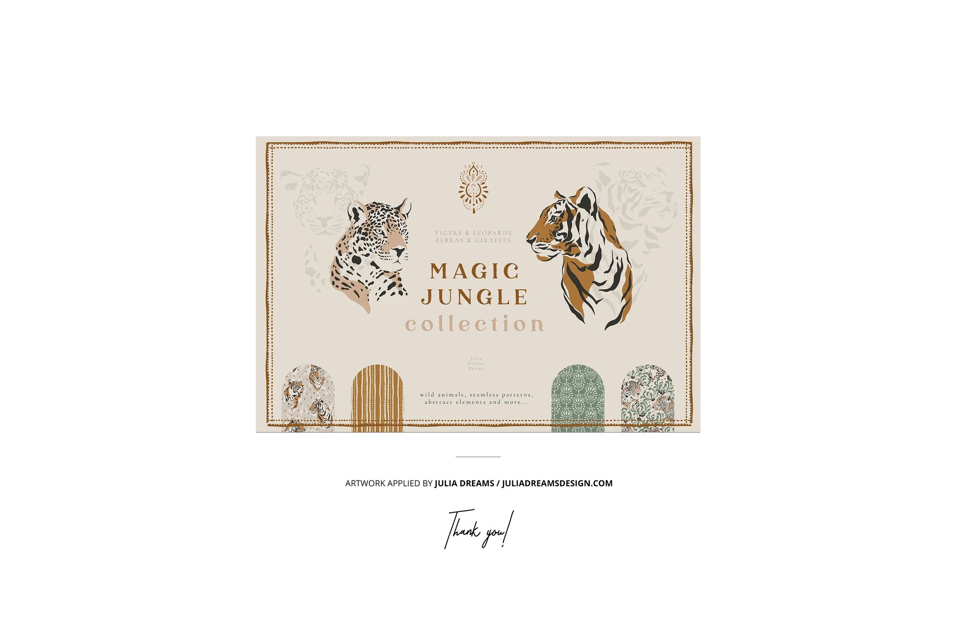 Front view of creased fabric mockup featuring illustrated tiger and leopard faces, neutral and earthy tones, and decorative patterns.
