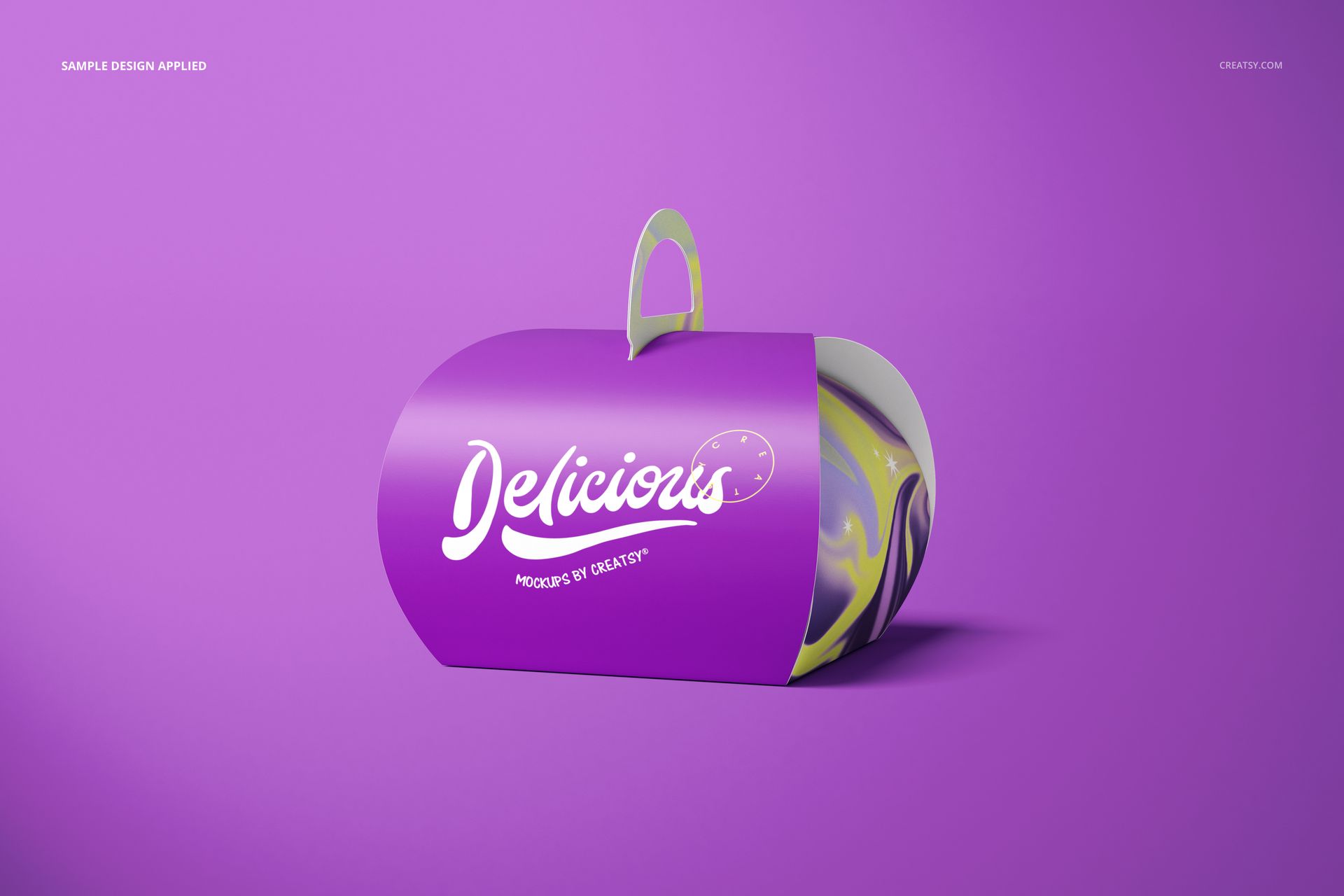 Purple curved cake box mockup featuring a bold white logo, front view with handle, set against a purple backdrop.