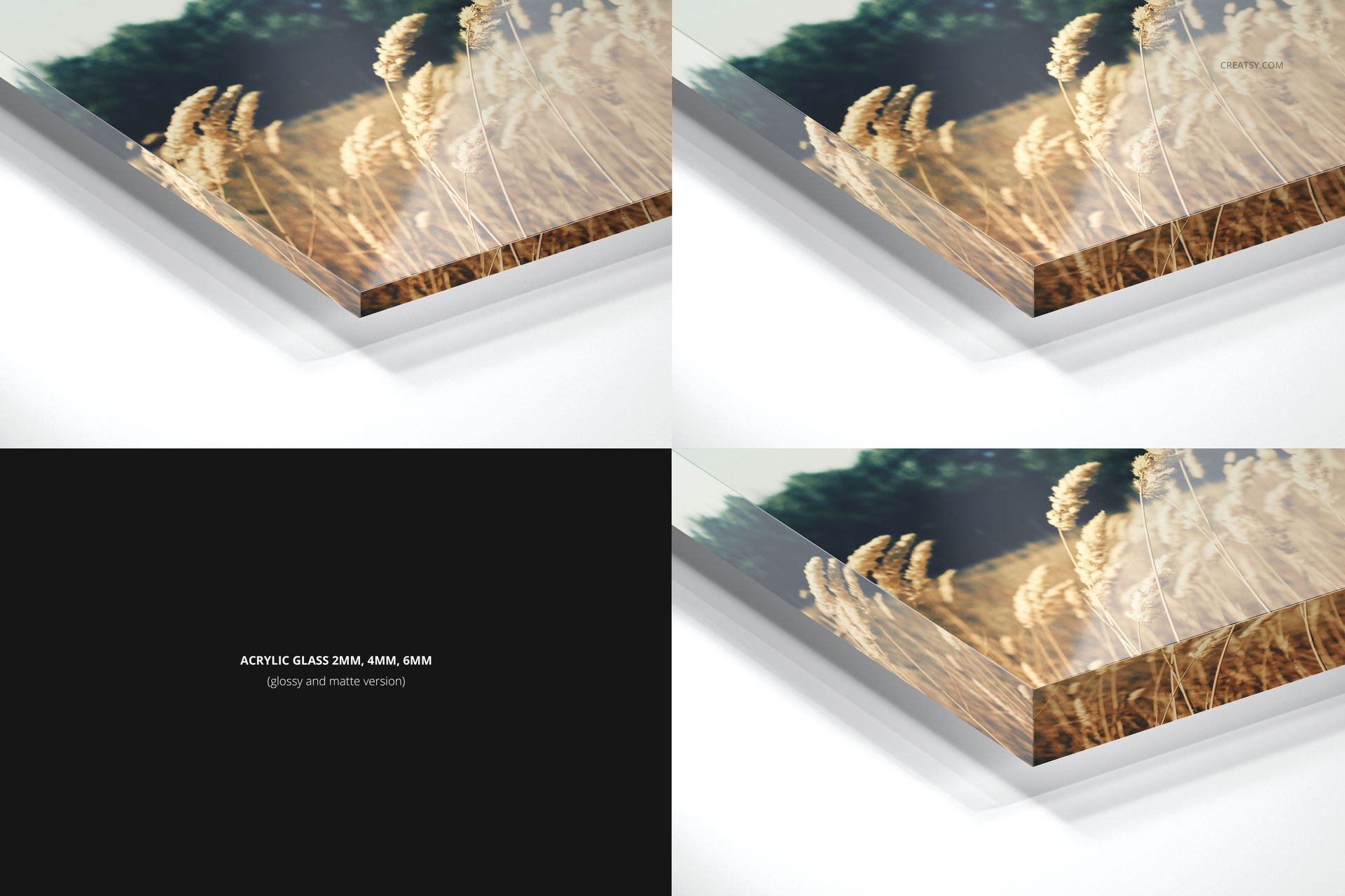 Four acrylic print mockups displayed in close-up, highlighting edge details and surface textures on a white background.