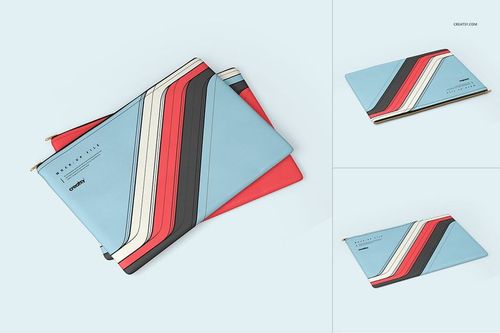 PSD mockup of accessories pouches featuring colorful diagonal stripes and gold zippers on a pale surface.