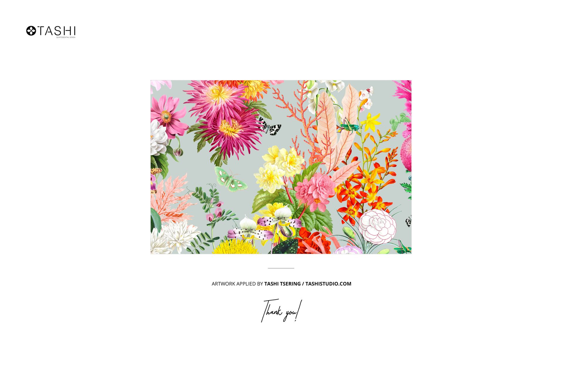 Front view of a canvas tote bag mockup featuring a vibrant floral pattern with various colorful flowers on a light background.