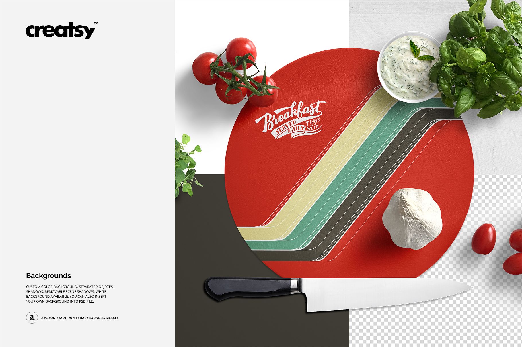 Glass cutting board mockup featuring a round design with colorful stripes, placed near fresh vegetables and kitchen props.