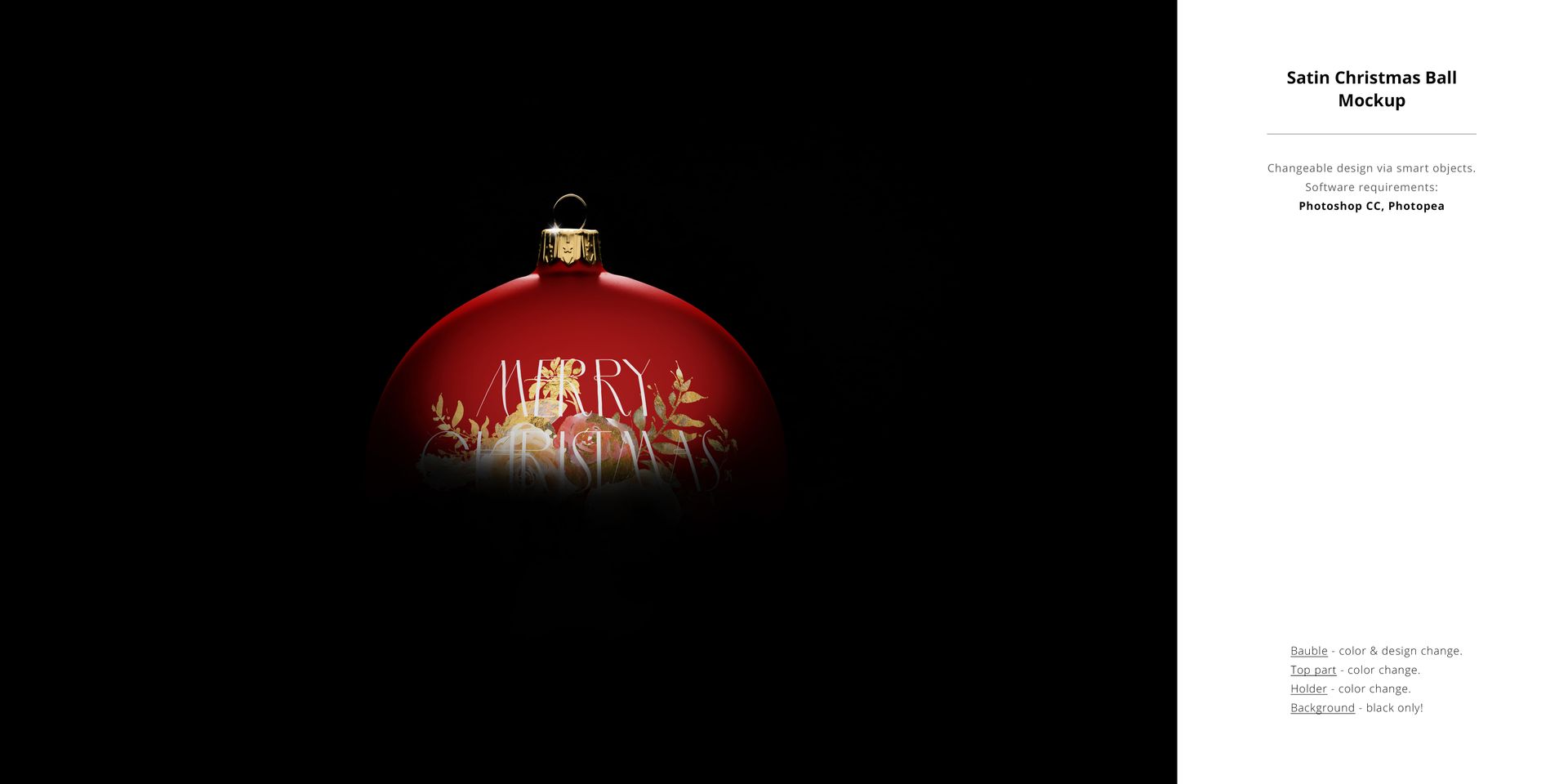 Front view of a red satin Christmas ball ornament with a gold cap, set against a black background, PSD mockup.