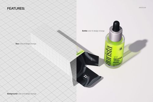 PSD mockup of a dropper bottle with a silver cap beside an unfolded carton box, featuring a top-down perspective.