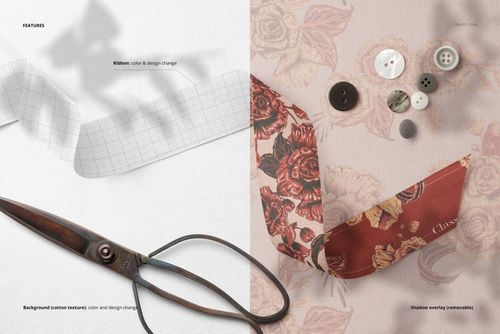 Wide cotton ribbon mockup featuring a grid-patterned white ribbon and floral red ribbon, with scissors and assorted buttons.