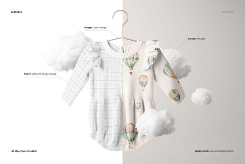 Front view of a knitted baby romper hanging on a wooden hanger, surrounded by soft floating clouds, shown as a PSD mockup.