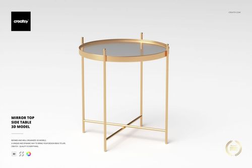 Round mirror top side table with gold metal frame, shown from front angle on a plain white background.