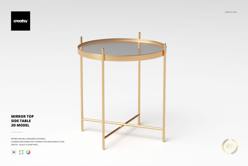 Round mirror top side table with gold metal frame, shown from front angle on a plain white background.