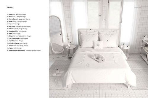 PSD mockup of a cozy bedroom with a neatly made bed, patterned rug, and decorative accents in a neutral color palette.