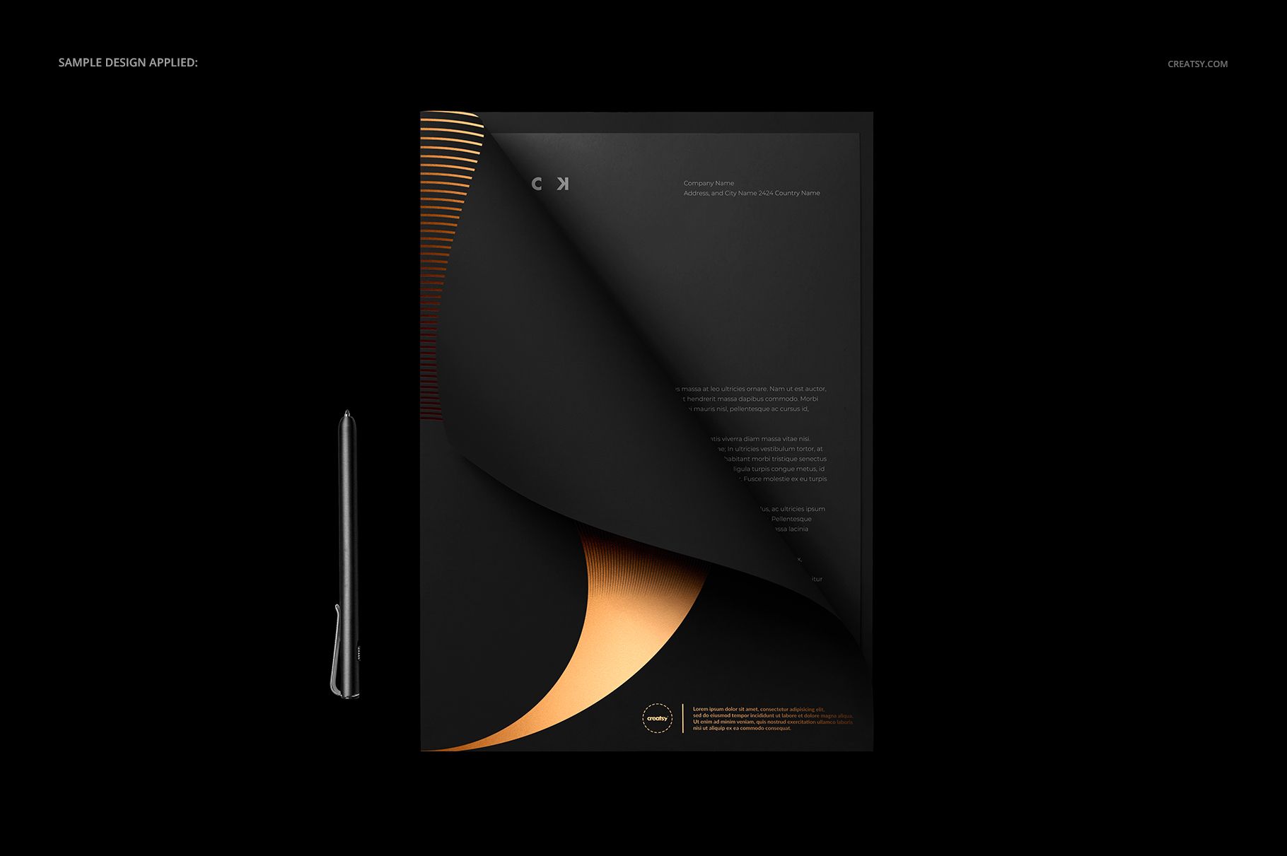 Front view of a stationery folder mockup with a partially open black cover, revealing a gold accent and a pen beside it.