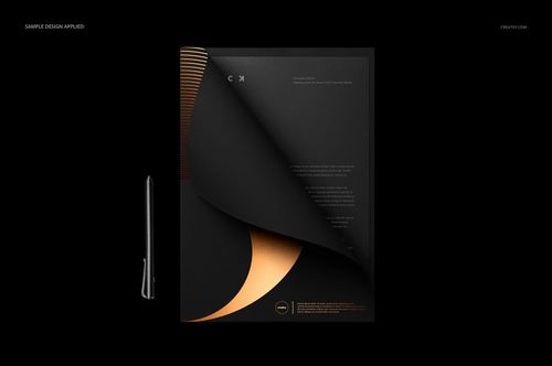 Front view of a stationery folder mockup with a partially open black cover, revealing a gold accent and a pen beside it.