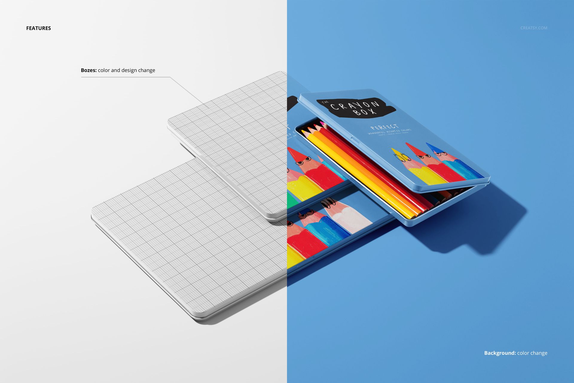 Front view of two crayon boxes mockup, one with a grid pattern and one with colorful crayon illustrations on a blue background.