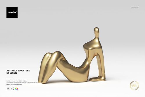 Front view of a gold abstract sculpture with a smooth, minimalist human form, set against a plain light background.