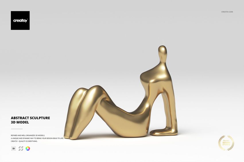 Front view of a gold abstract sculpture with a smooth, minimalist human form, set against a plain light background.