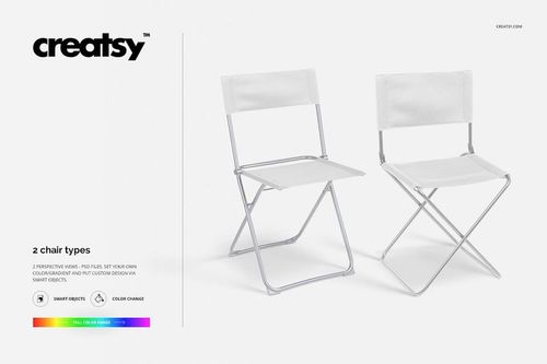 Folding chair PSD mockup set featuring two chair styles, both with white upholstery and minimalist design.