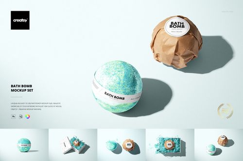 Bath bomb mockup set featuring a round blue-green bath bomb and a wrapped bath bomb on a light background.