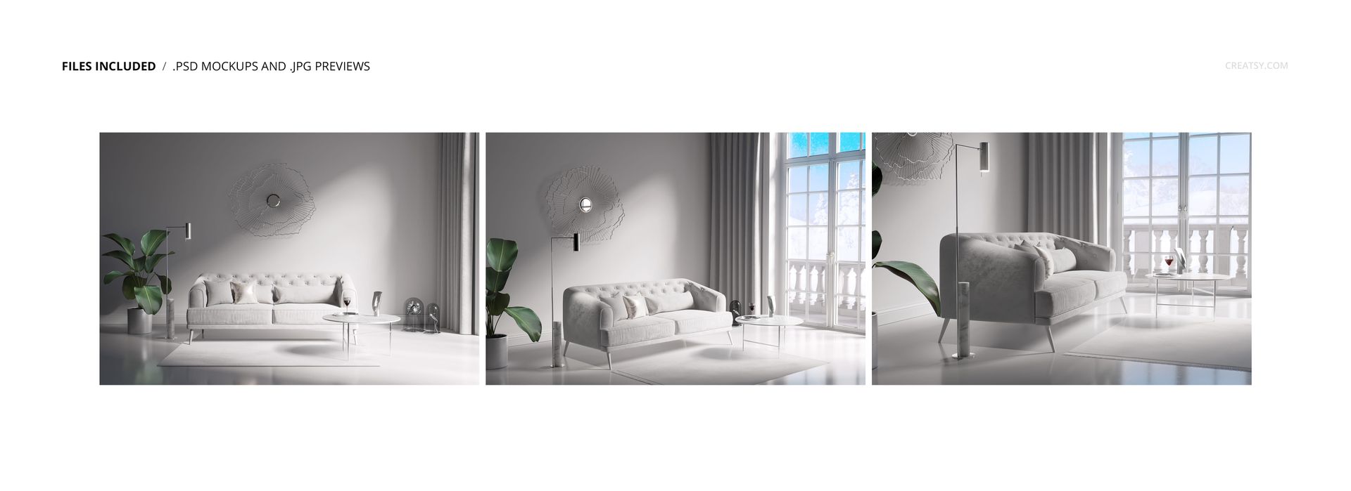 Set of retro living room mockups showing a gray sofa, decorative rug, wall art, and sunlight streaming through windows.