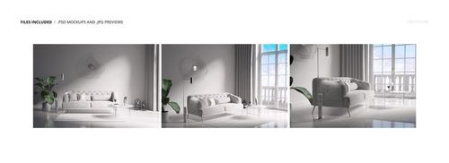 Set of retro living room mockups showing a gray sofa, decorative rug, wall art, and sunlight streaming through windows.