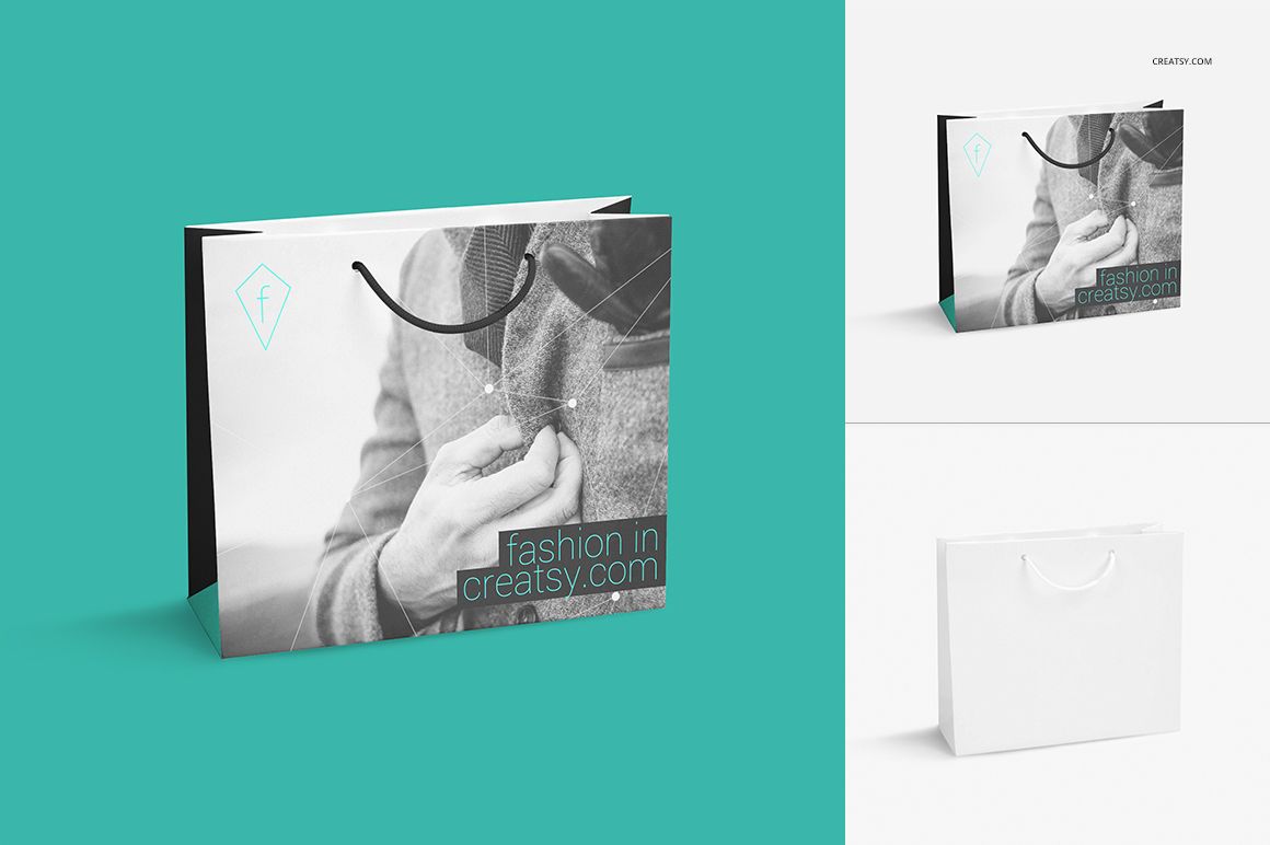 Front and angled views of paper shopping bags mockup with black handles, featuring customizable design areas.