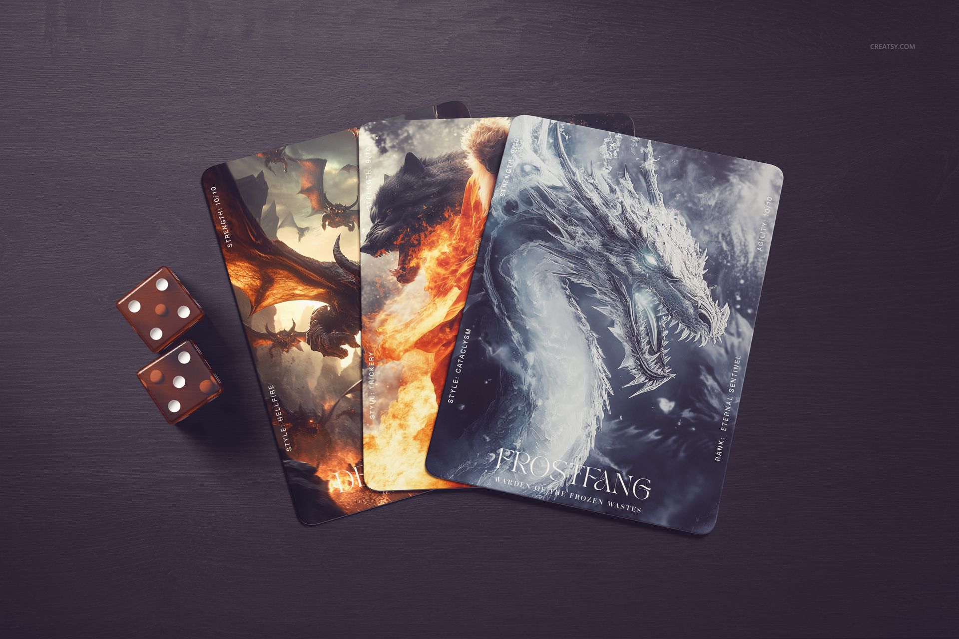 Three trading cards with fantasy artwork are fanned out on a dark tabletop, accompanied by two brown dice.