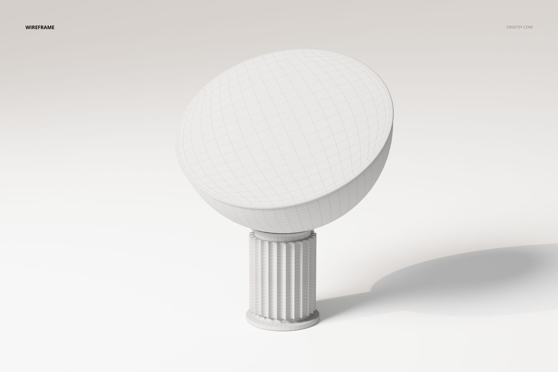 Wireframe view of a radar table lamp 3D model with a large circular shade and ribbed cylindrical base on a white background.