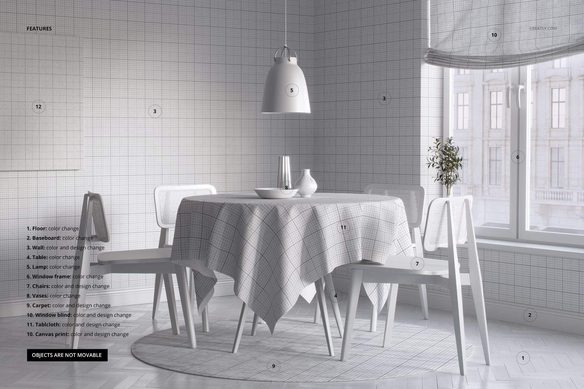 Round dining table covered with a light grid tablecloth, white chairs, ceramic decor, and large window in a mockup scene.