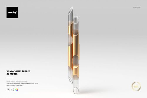 Modern wind chimes shaped lamp with vertical cylindrical glass tubes and gold metallic accents, front view on white background.