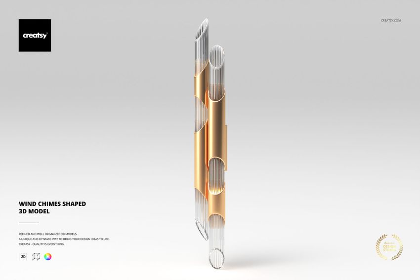 Modern wind chimes shaped lamp with vertical cylindrical glass tubes and gold metallic accents, front view on white background.