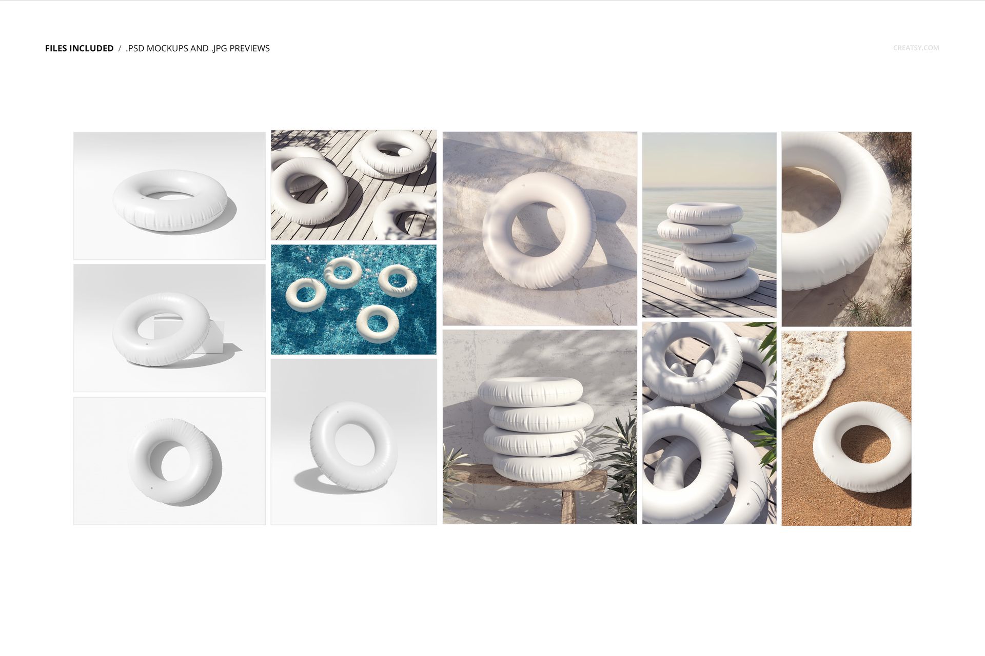 Swim ring mockup set featuring white inflatable rings in various poolside and beach scenes, shown from different angles.