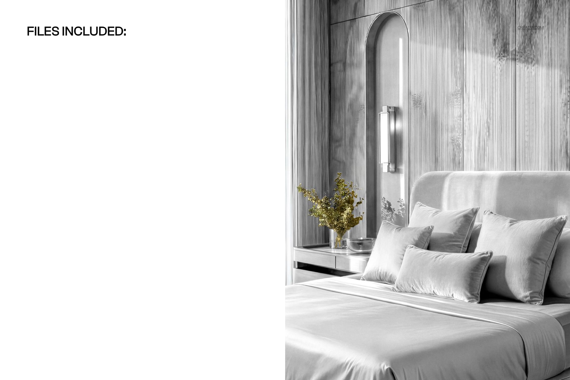 Front view of a luxury satin bedding and velvet pillows mockup in a modern bedroom with gray tones and decorative plants.