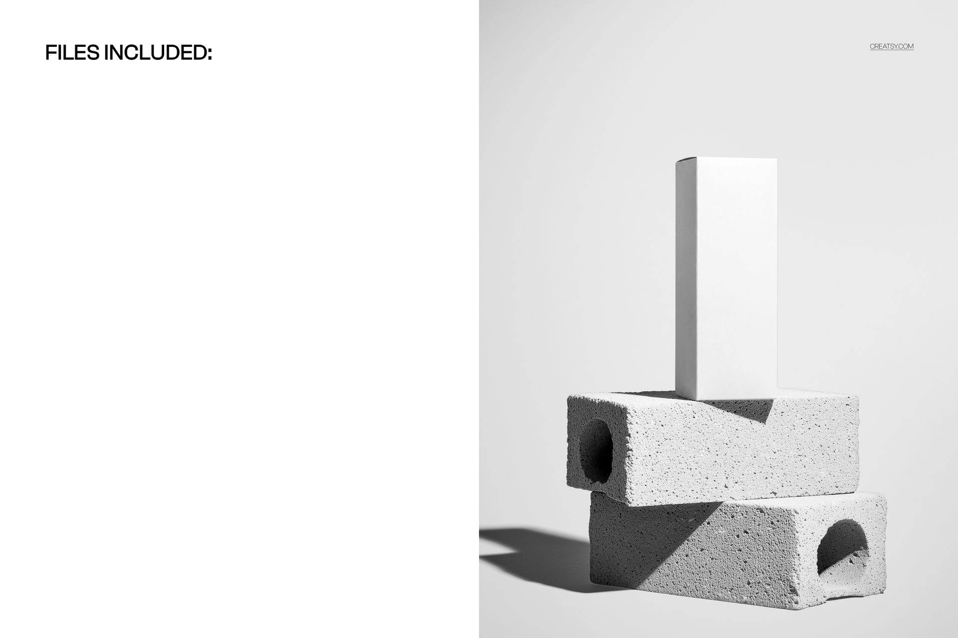 Tall rectangular cosmetic packaging box mockup standing upright on two stacked gray bricks in a minimalist setting.