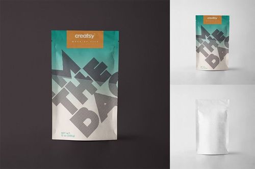 Paper bag PSD mockup set showing a front-facing bag with teal accents and bold gray text, plus two alternate views.